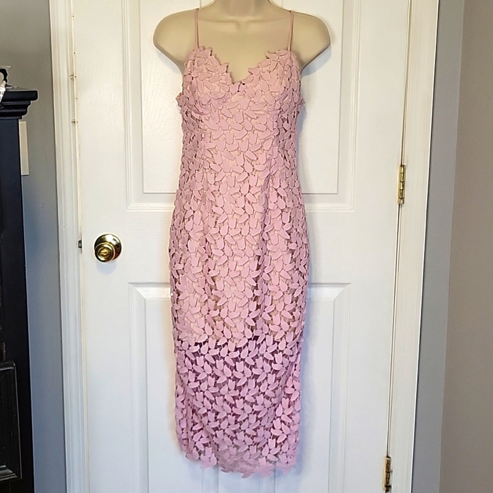 Bardot 3d floral pink Barbie  petal lace overlay spaghetti straps midi dress